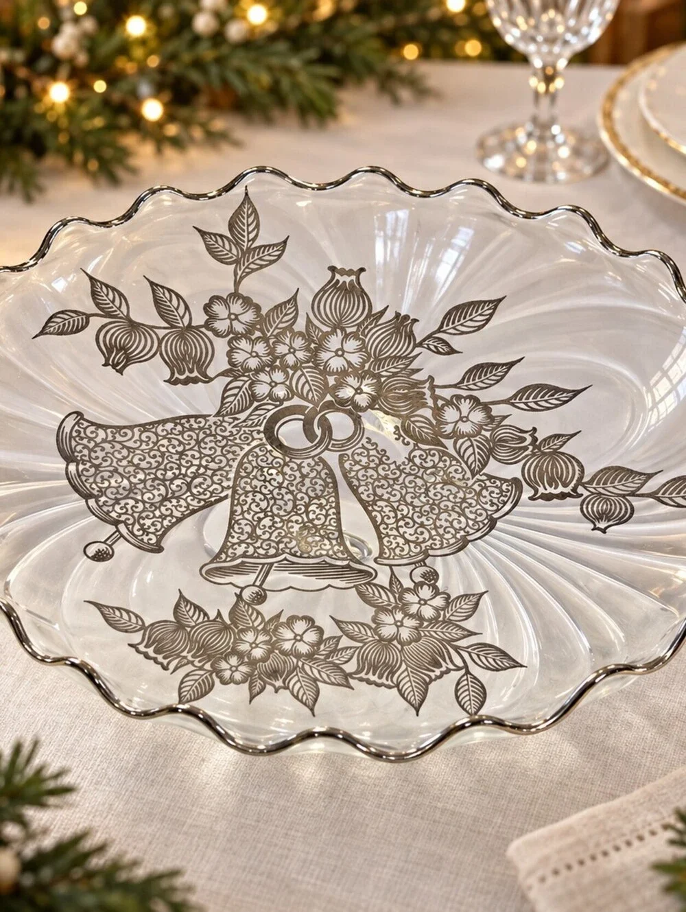 Vtg Silver City Sterling on Crystal Christmas Bells Scalloped Serving Platter